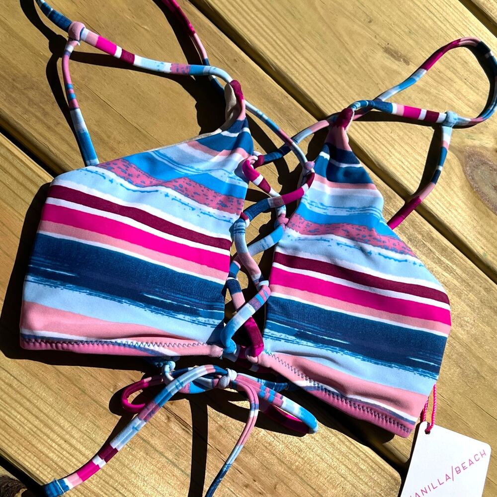 Vanilla Beach Swim Halter Bikini Top XS Pink Blue Stripe Swimsuit NWT